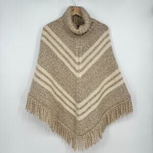 Vtg Y2K Banana Republic Wool Alpaca Poncho Women M/L Tan Cream Fringe Turtleneck